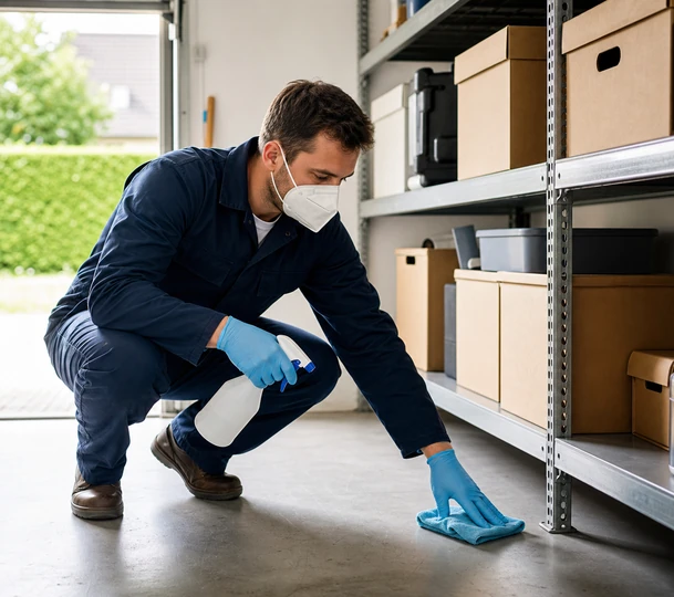 Professionnel équipé d'un masque et de gants nettoyant un local de stockage pour prévenir les risques liés à l'hantavirus